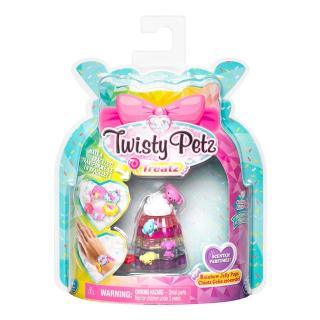 Juguete Postrecitos Twisty Petz Spin Master Rainbow Jelly Pups, figura articulada en forma de postre con colores translúcidos rosa, amarillo, azul y morado, incluye accesorios para convertirlo en pulsera o accesorio de moda con aroma agradable, ideal para niñas de 4 años o más en la categoría de figuras de acción y juguetes de colección.