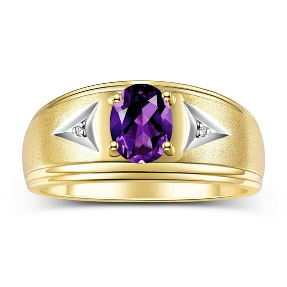 RYLOS Men's Rings Yellow Gold Plated Silver Classic 8X6MM Oval Gemstone & Diamond Ring Amethyst February Birthstone Rings For Man Silver Rings Size 8