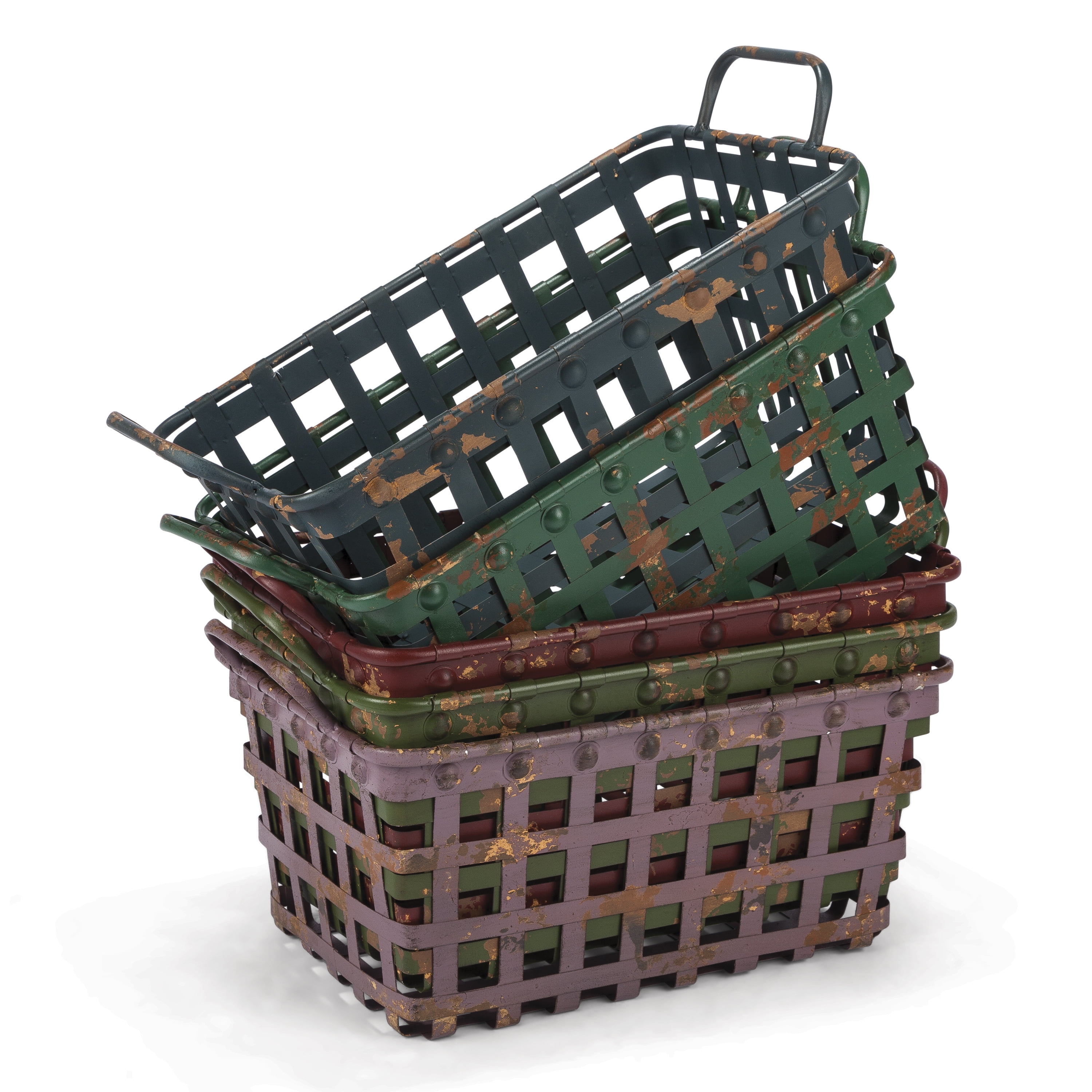 Distressed Metal Strapping Baskets with Two Handles in Assorted Colors (Set of 5)