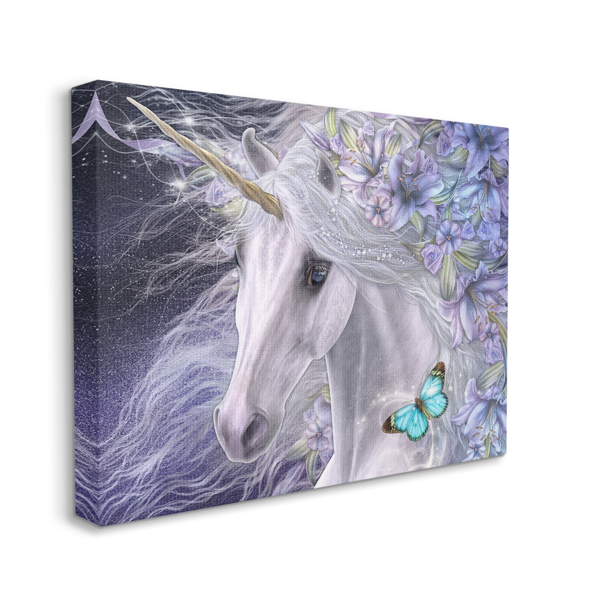 Stupell Industries Lillicorn Purple Floral Unicorn Fairy Tales & Fantasy Painting Gallery Wrapped Canvas Art Print Wall Art, 30 x 24