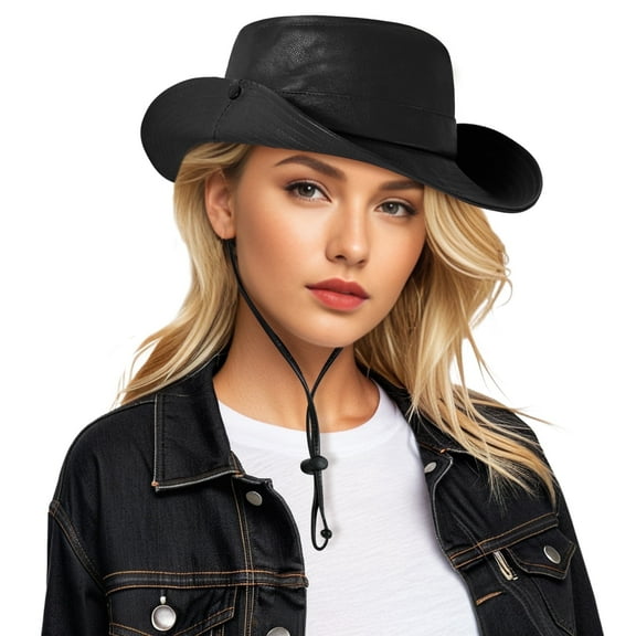 WoWstyle Leather Cowboy Hat Women Western Black Denim Cowgirl Hat Packable Fisherman Boonie Cap