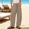 thumbnail image 2 of Womens Cotton Linen Lounge Pants Solid Stripe Elastic Loose Wide Leg Trousers With Pocket Relaxing at Home Clothes, 2 of 7