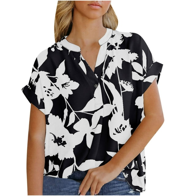 Pompotops Chemisier en Chiffon à Manches Courtes Imprimé Mode Décontractée Sexy d'Été pour Femmes