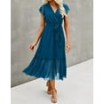 thumbnail image 4 of FreshPrettyWomen Summer Bohemian Floral Casual Wrap V Neck Ruffle Cap Sleeveless Belt A-Line Pleated Hem Midi Sun Dress White, 4 of 7