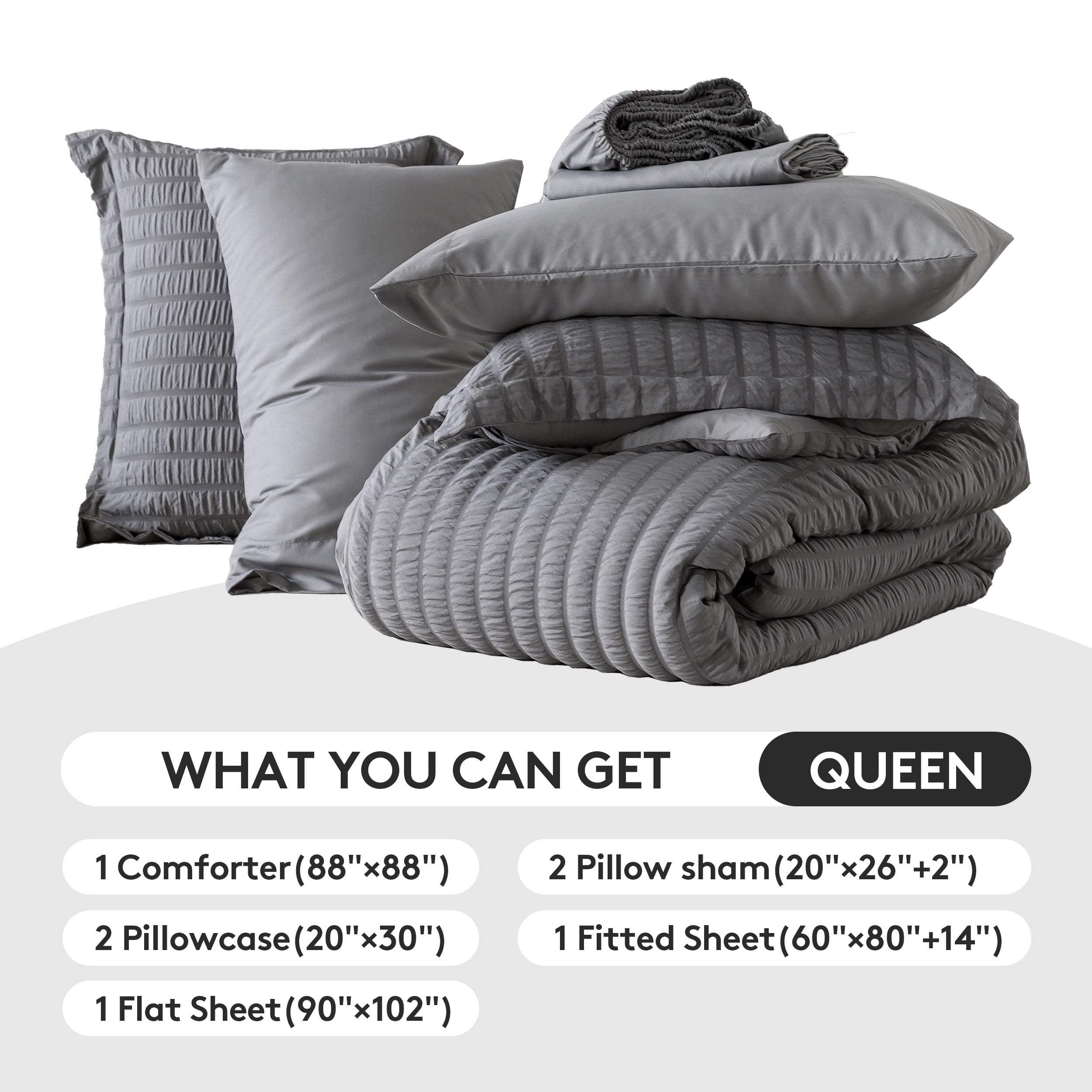 Vccoem 7 Piece Queen Comforter Set, Bed in a Bag with Sheets, Pillowcases & Shams, All Season Soft Bedding, Cozy and Lightweight, Machine Washable, Gray