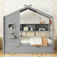 thumbnail image 2 of Bellemave Twin House Bed with Trundle and Storage Shelves, Wood Twin Size Montessori Bed Frame with Roof and Window, Playhouse Bed for Bedroom（Gray), 2 of 9