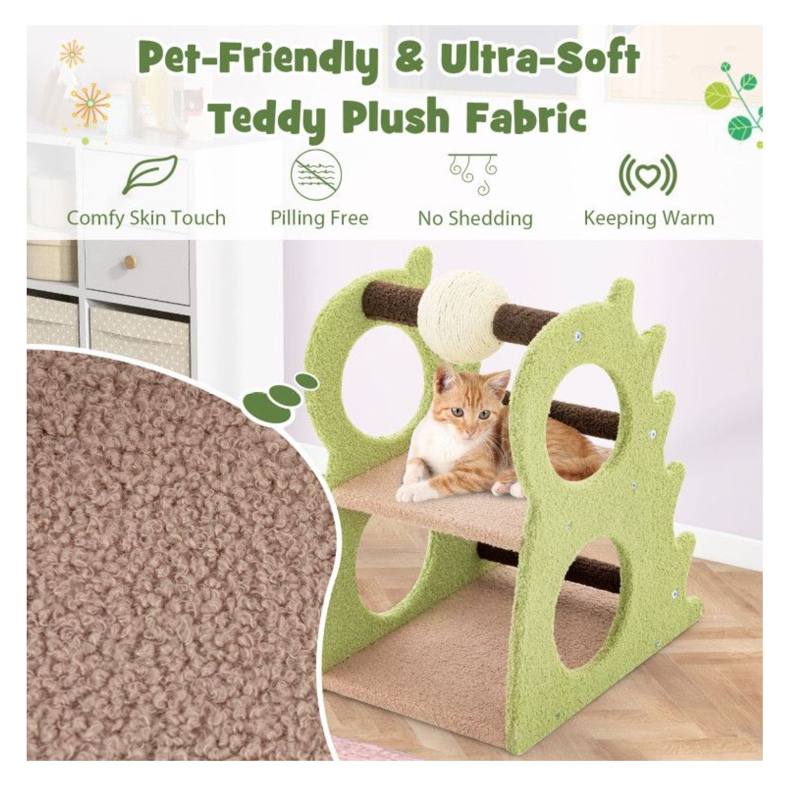 Cat Tree 2-Tier Dinosaur Design with Scratching Ball - Indoor Kitten Activity Center