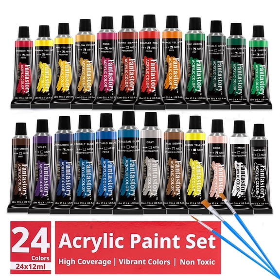 Fantastory 12ML 24 Colors Acrylic Paint Set with 3 Paint Brushes for Crafts and Painters