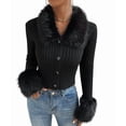 thumbnail image 2 of Women'S Sweaters Faux Fur Button Down Long Sleeve Fuzzy Rib Knit Cardigan Sweater Black S, 2 of 10