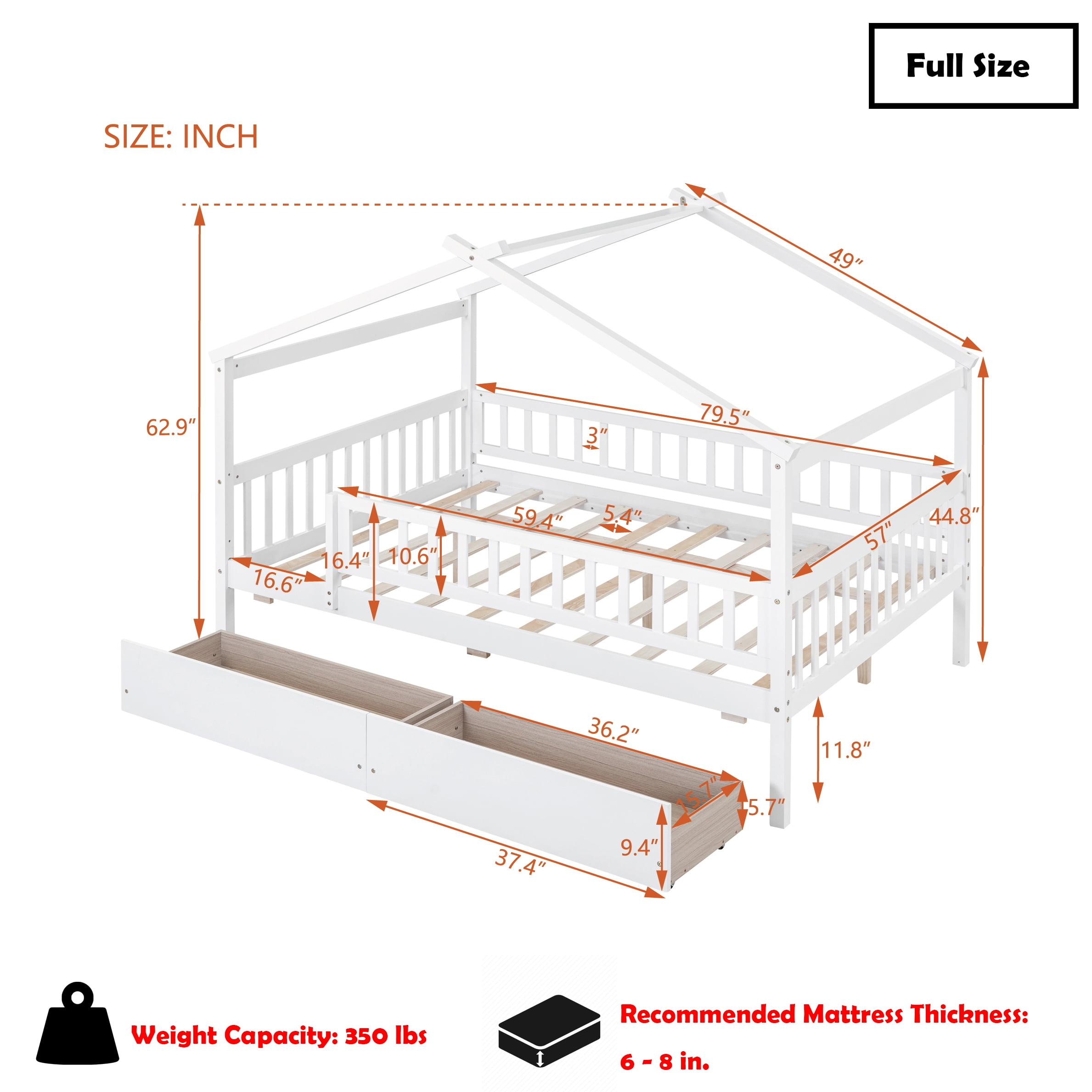 Bellemave Full Size House Bed with Storage Drawers Playhouse Platform Bed Wooden House-shaped Bed Frame with Fence Guardrail and Roof (Full size, White)