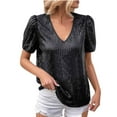 thumbnail image 2 of Miluxas Women's Short Puff Sleeve V Neck Shirt Sparkly Glitter Sequins Blouse Party Top Black 10(XL), 2 of 9