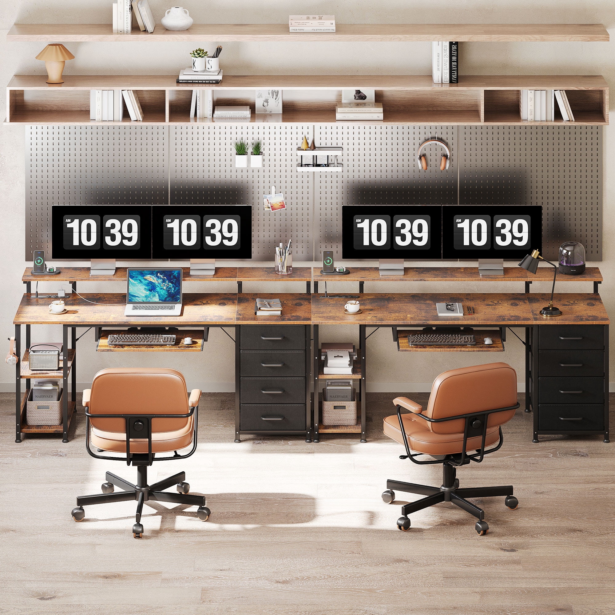 63 inch Office Desk with Power Outlet and Adjustable Monitor Stand, Computer Desk with Fabric Drawer and Keyboard Tray, Gaming Desk with LED Light & PC Stand, Vintage
