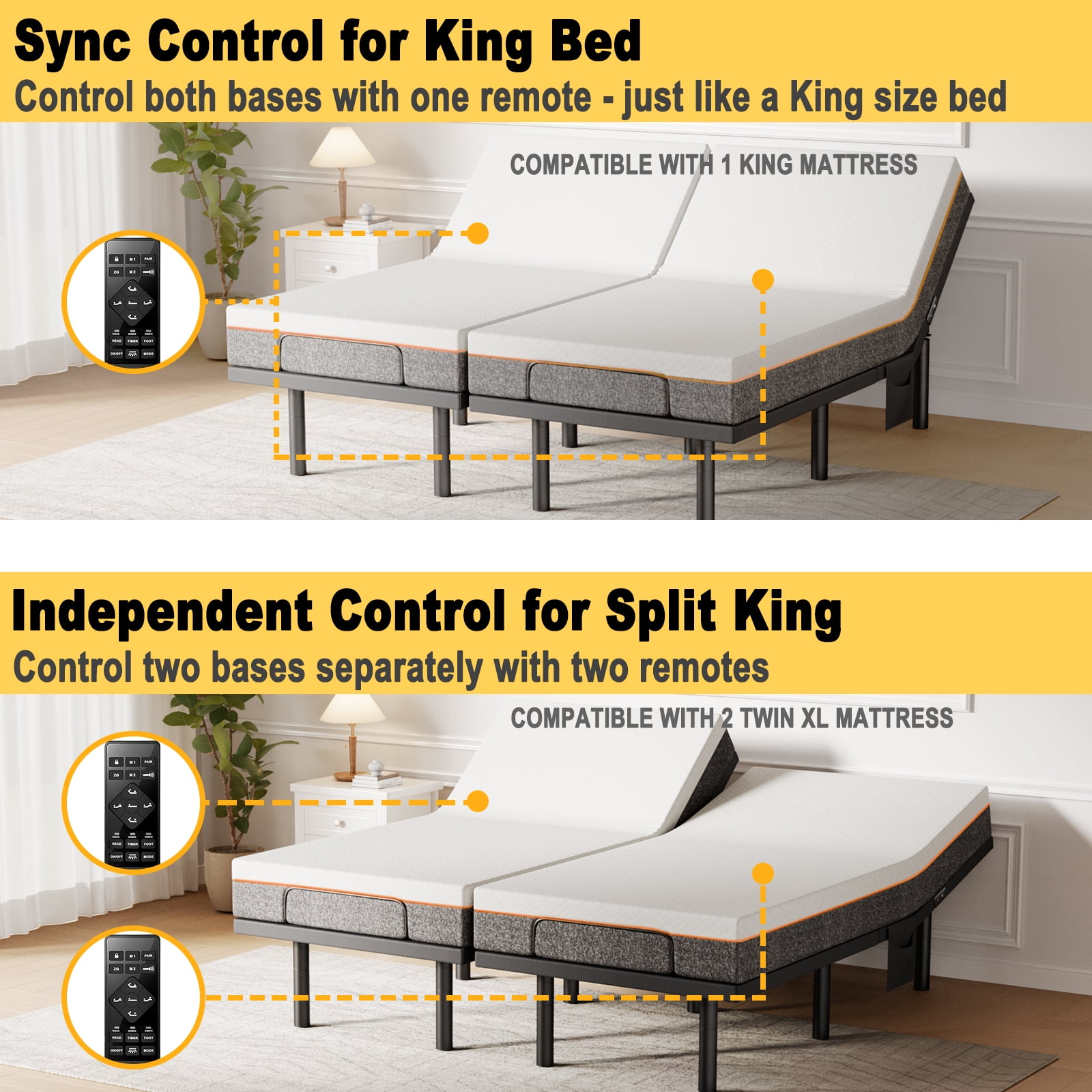 CHITOOMA Electric Adjustable Bed Frame Split King (Sync Control as King) with Massage (4 Modes & 3 Intensities), Wireless Remote, Zero Gravity, 4 Height Options, Under-Bed Nightlight, Fast Assembly