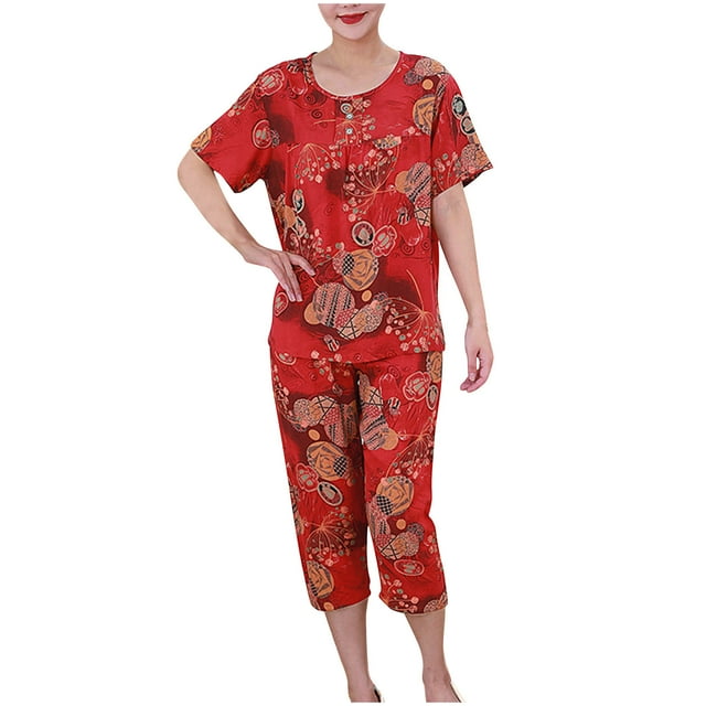 Pisexur Ensembles de Pyjama pour Femmes 2 Pcs Boho à Imprimé Floral Chemises de Nuit en Coton pour Femmes Décontractées Col Rond T-Shirts à Manches Courtes Hauts et Pantalons de Détente Longueur Genou Pyjamas Grande Taille pour Femmes Ensemble TG-4TG