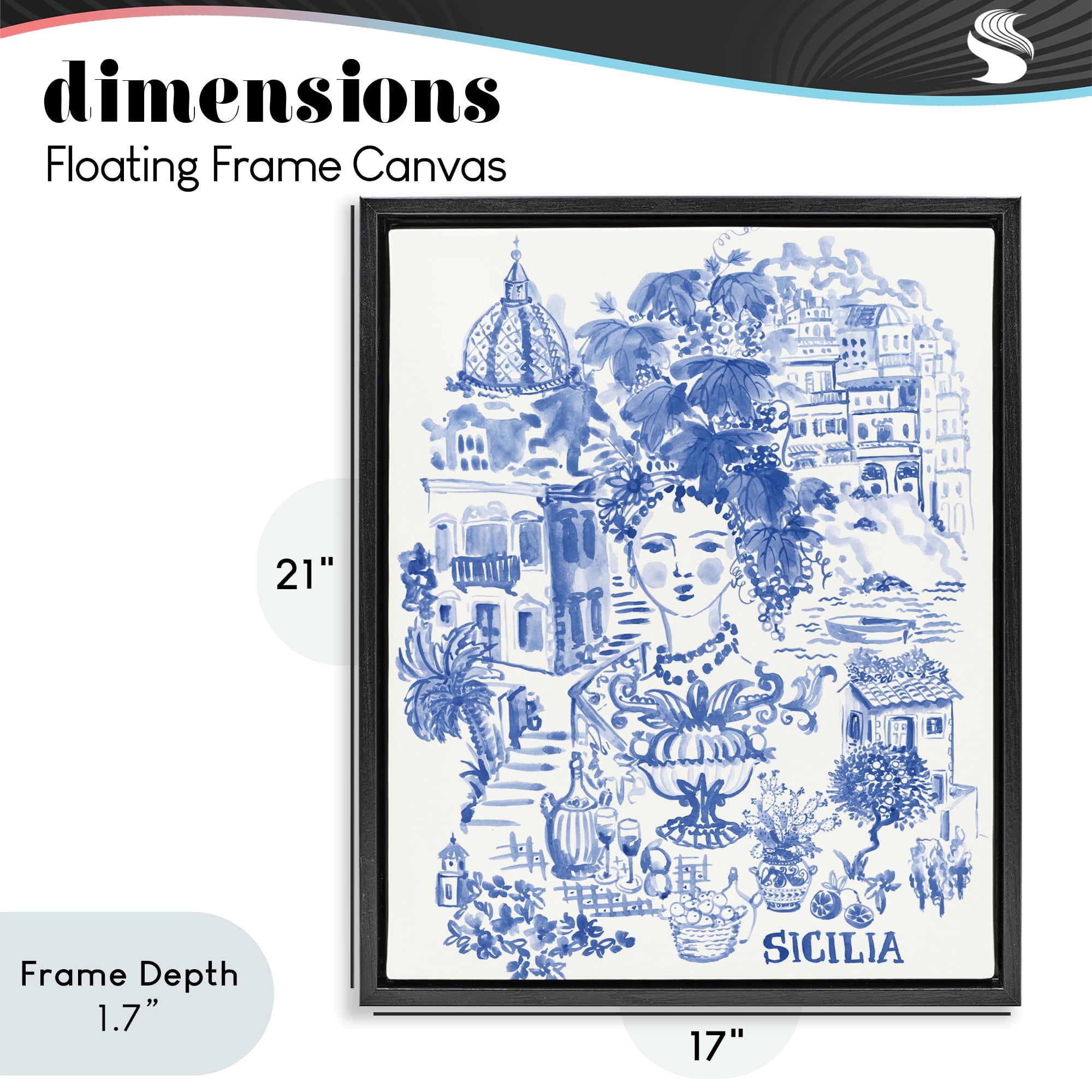 Stupell Industries Sicilia City In Blue Black Framed Floater Canvas Wall Art, design by Karolina Sato