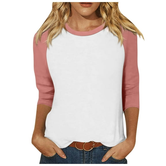 Women's T-Shirts 3/4 Raglan Sleeve Round Neck Patchwork Color Loose Tshirt Top Fashion Versatile Pullover Tshirt