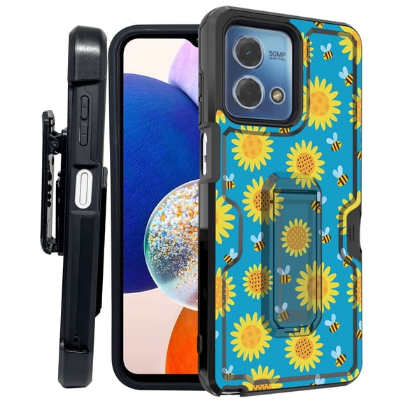 ANJ  Rugged Shockproof Kickstand Hybrid Case with Card Slot and Holster   Tempered Glass Cover for Motorola Moto G Stylus 5G (2023) - Sunflowers and Bees