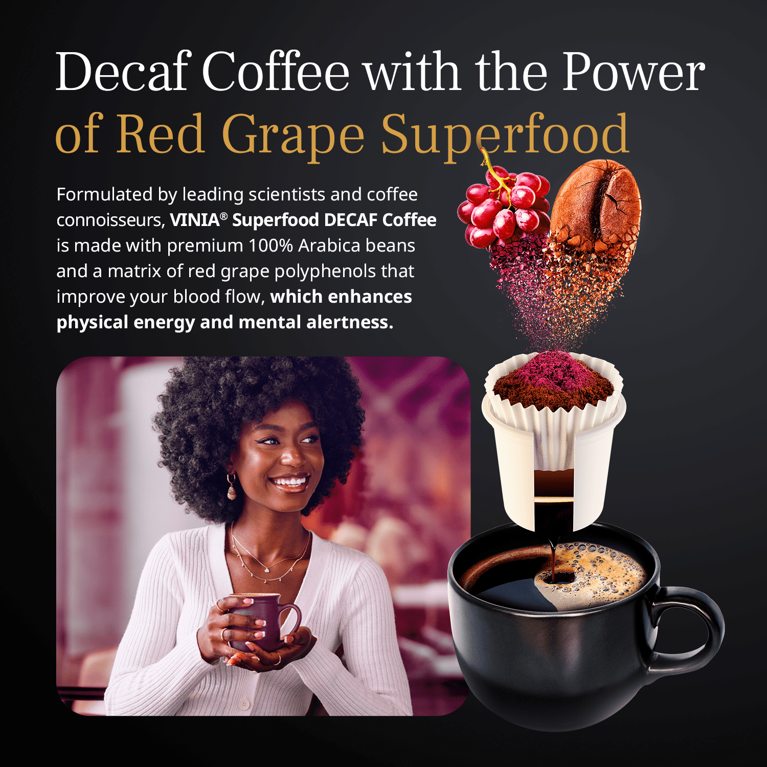 VINIA Blood Flow Energy DECAF Coffee Pods - Medium Roast Superfood, Swiss Water Decaf, Powered by Red Grape Piceid Resveratrol, Keurig Compatible, Caffeine Free, 60 Count