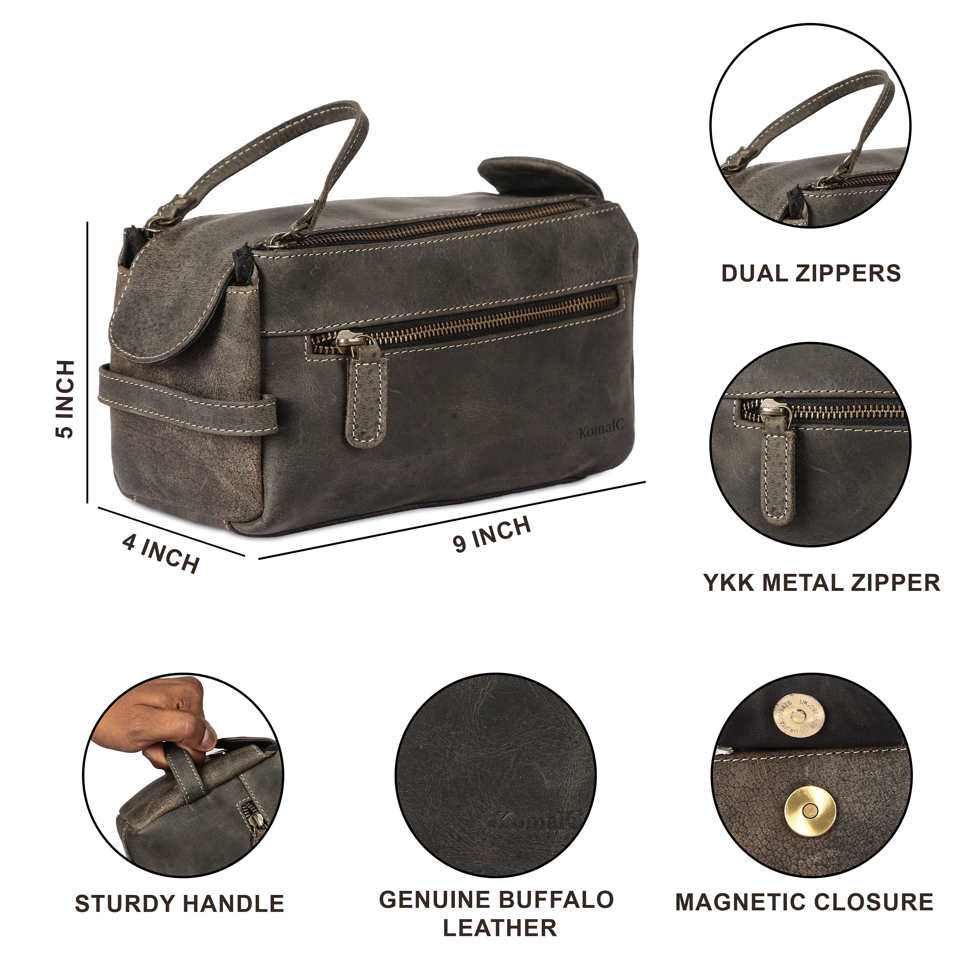 Genuine Buffalo Leather Travel Toiletry Bag for Men & Women – Unisex Dopp Kit in Charcoal Black