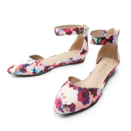 

BURUDANI Women Flats Shoes Low Wedge Sandals Ankle Strap Pointed Toe FLORAL Size 6