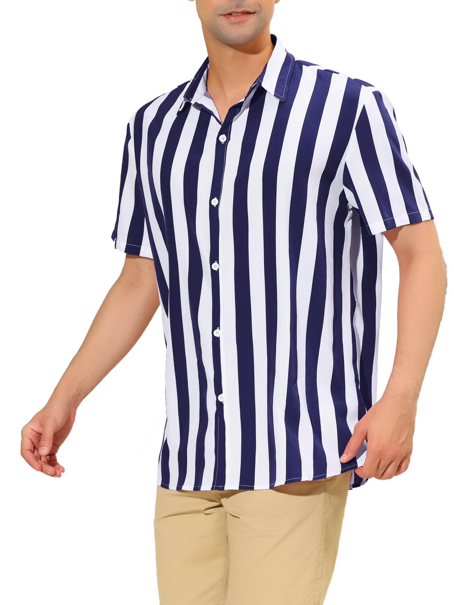 Unique Bargains Men's Short Sleeved Color Block Button Down Beach Stripe Shirt XL Navy Blue