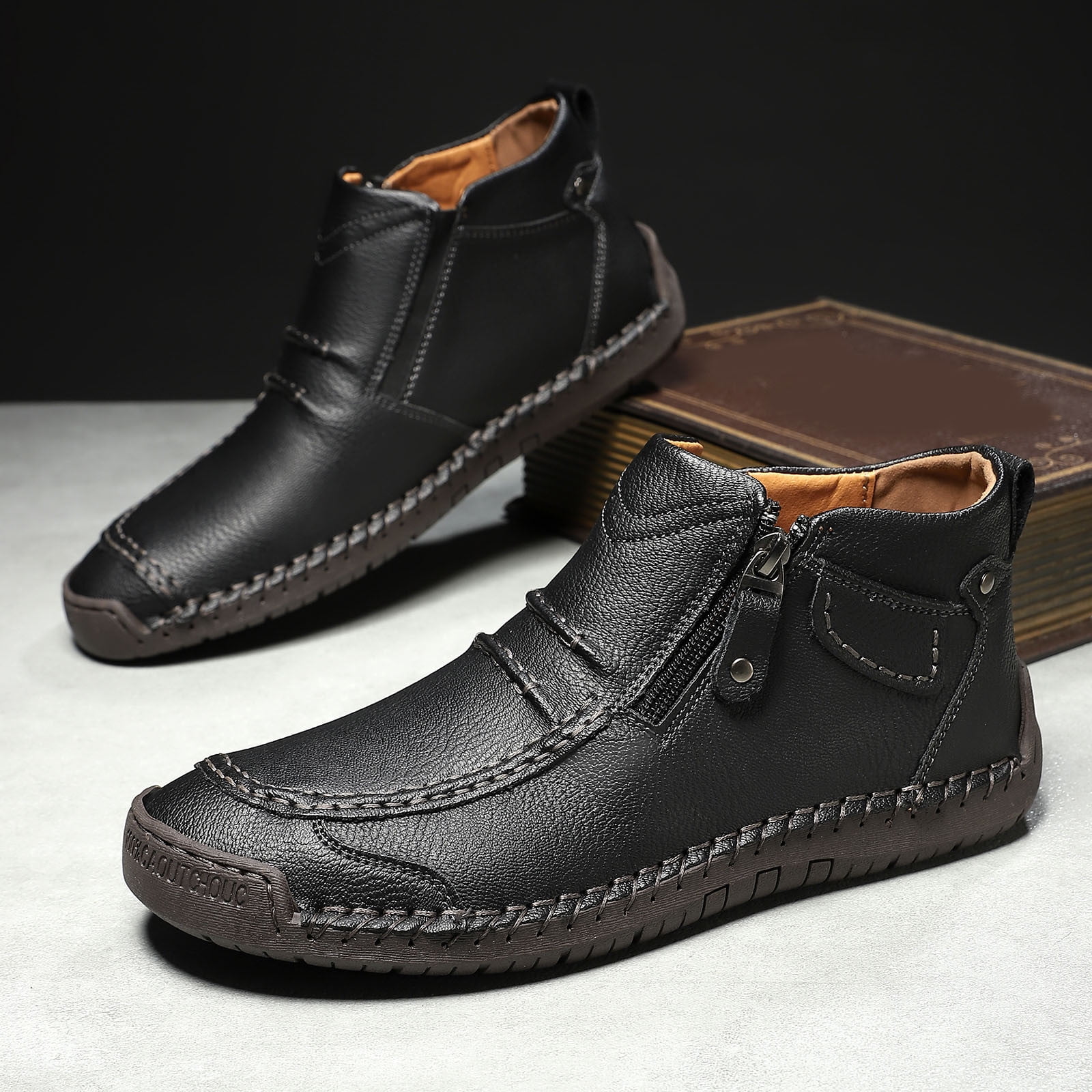Menâs -On Orthopedic Leather Boots,Menâs Handmade Leather -On Driving Boots,Men Side Zipper Orthopedic Shoes for Driving Hiking