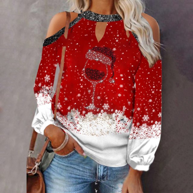 Pntutb Mujeres Otoño Navidad Impreso Sexy Linterna Manga larga Sin tirantes Jersey fuera del hombro Blusa Camiseta tops Pntutb Pntutb-3662