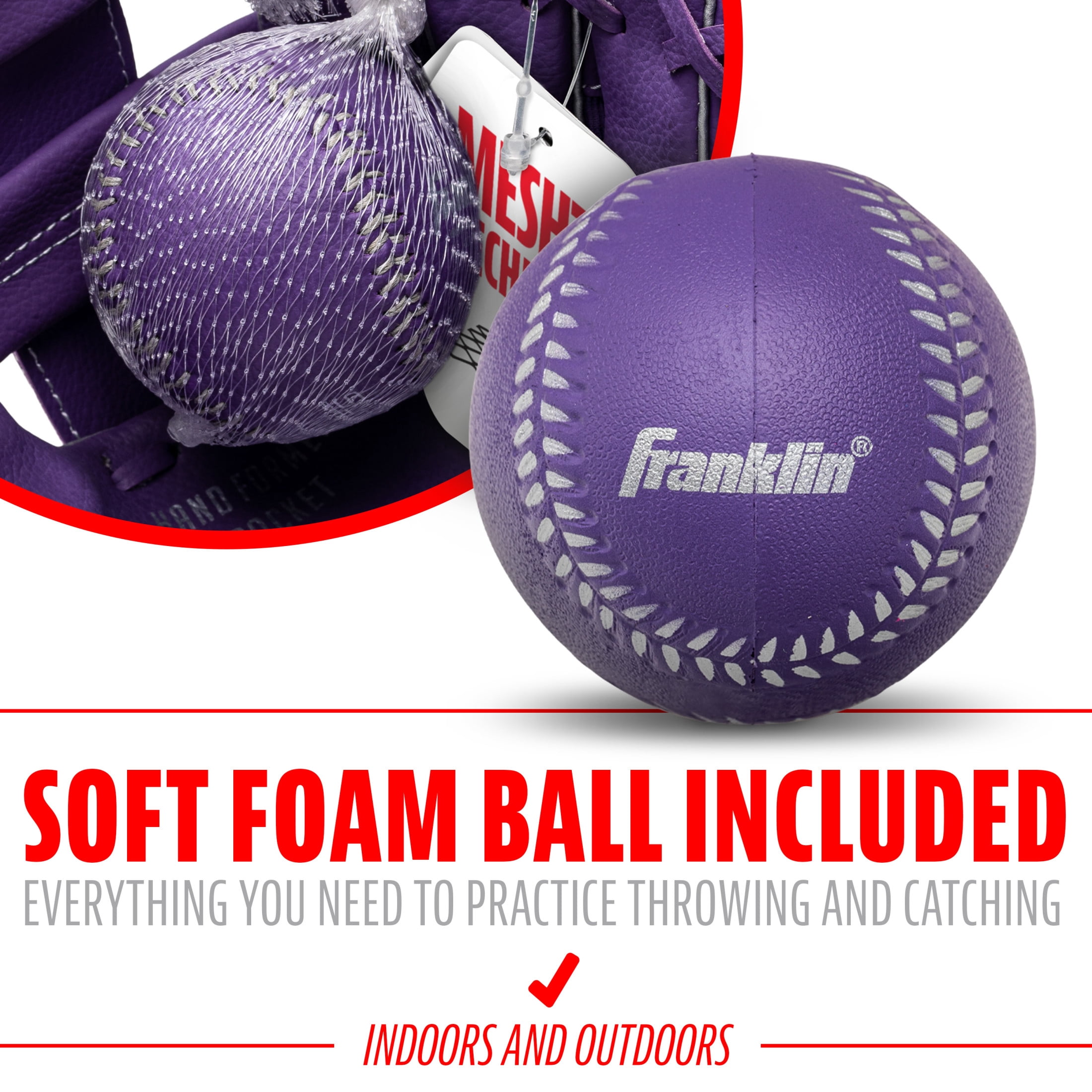 Franklin Sports Meshtek Kids Teeball Glove + Ball Set, 9.5 in, Purple/Silver, Right Hand Throw