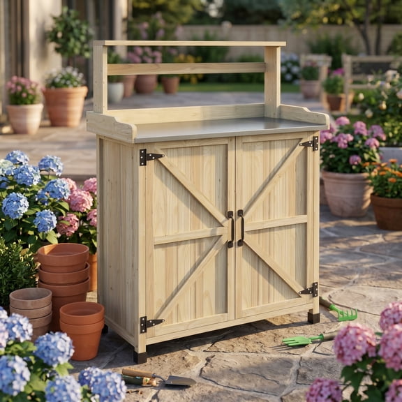 Zateety Potting Bench, Outdoor Wooden Potting Table with Storage Cabinet with 2 Shelves, Garden Work Bench with Galvanized Plated Tabletop for Backyard, Balcony, Natural