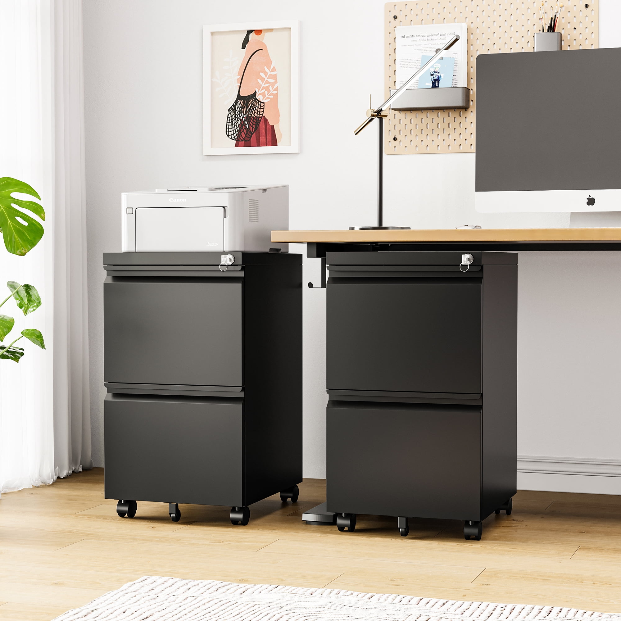 Fesbos 2 Drawer Mobile File Cabinet with Lock, Metal Rolling Filing Cabinets for Home Office, Fully Assembled, Black, Fits Letter/Legal/A4 Size Files