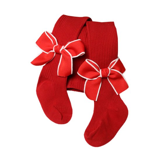 Inevnen Christmas Infant Baby Girls Bow Ribbed Red Pantyhose Toddler Girls Stretch Mid-Rise Tights
