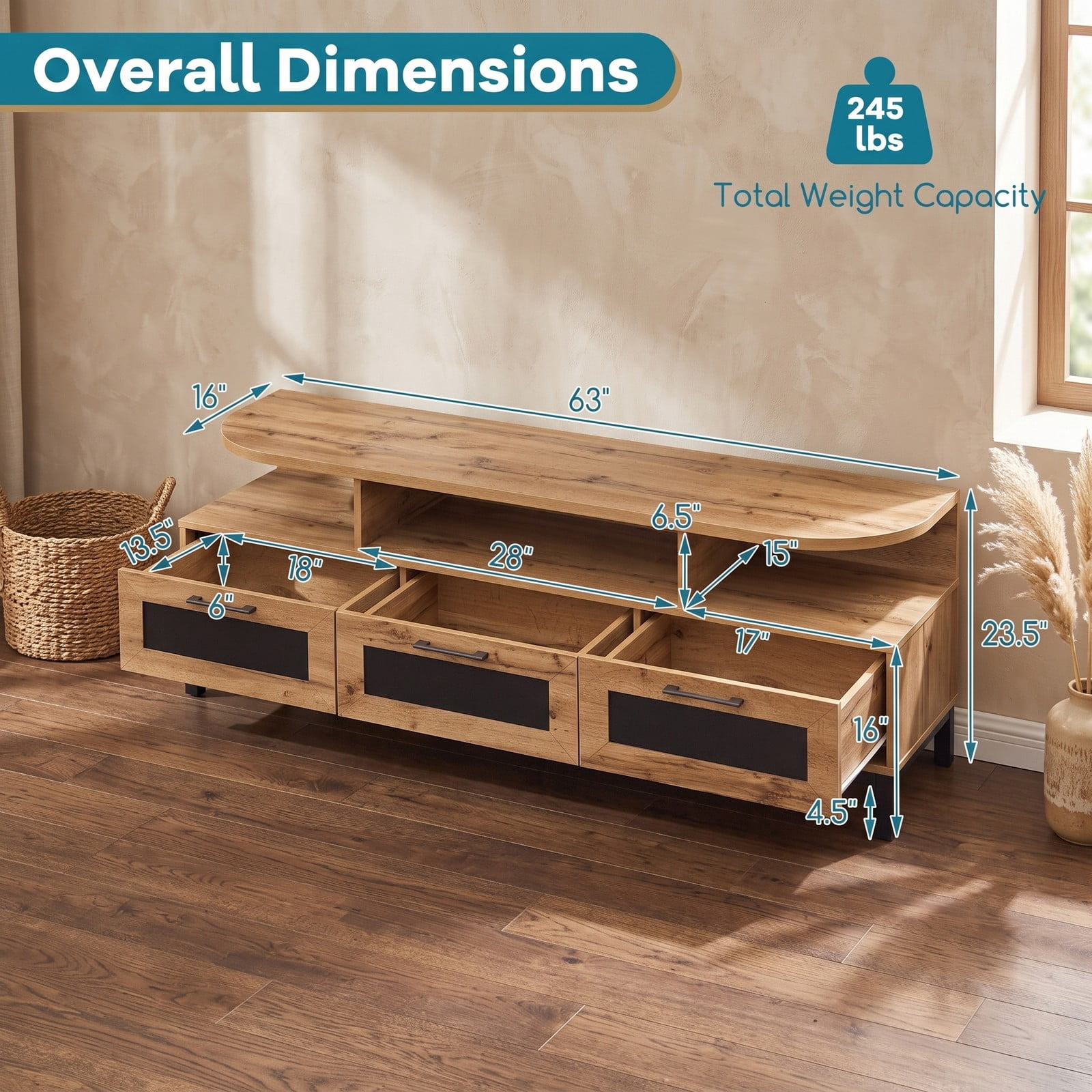 Furnibear Entertainment Center TV Stand for TVs up to 75 Inch, Wood Media Console Table with 3 Storage Drawers and Open Shelves, Living Room Bedroom, Rustic Natural
