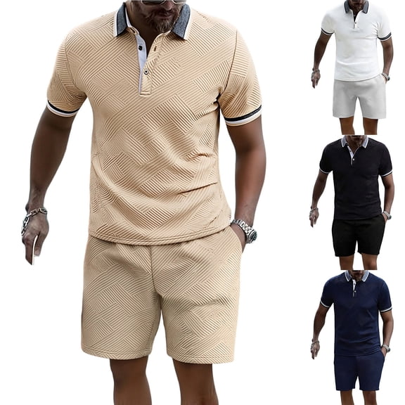 CHUMUD 2 Piece Sets for Men Summer Outfits Textured Classy Business Golf Shirt and Shorts Set Stretch Half Button Color Block Short Sleeve Suit