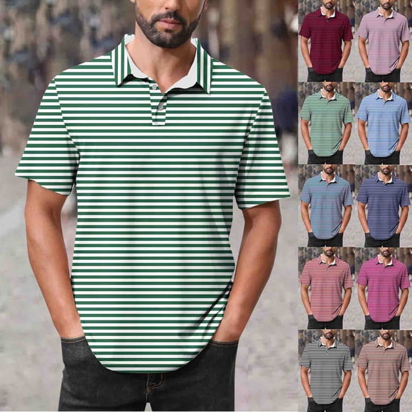 QIUOMBBP Mens Polos Shirts Fashion Striped Lapel Collared Button Short Sleeve Mesh Tee Summer Loose Fit Breathable Business Casual Tshirt Navy L