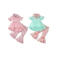 thumbnail image 3 of Kids Girl Summer Outfit Solid Color Ruffles Short Sleeve Dress Tops Boots Hat Print Flare Pants Neckerchief 3Pcs Clothes Set, 3 of 9