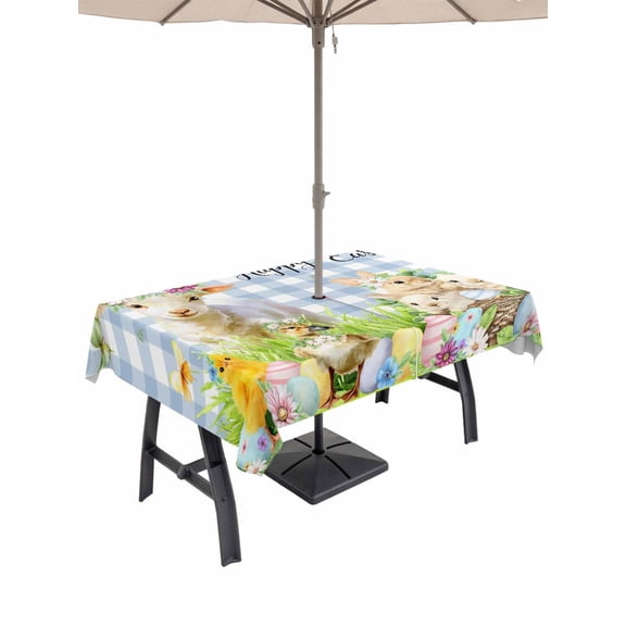 Easter Outdoor Tablecloth - 54x80 Inch Rectangle Dining Table Cover, Spring Bunny Sheep Floral Eggs Botanical Blue Check Waterproof Outdoor Table Cloth with Umbrella Hole & Zipper for Picnic/Patio