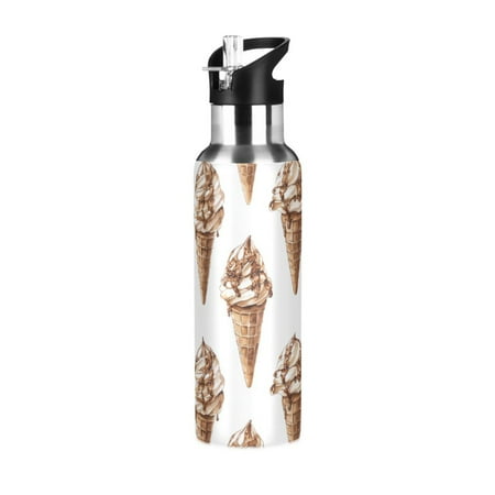Yayeee 33oz Double Wall Stainless Steel Water Bottle with Flip Straw Brown Ice Cream Pattern
