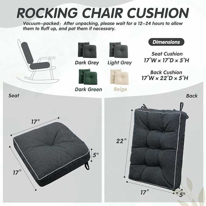 Parojati 22*17*5 Rocking Chair Cushion, Set of Thicken Seat & Back Chair Cushions with Memory Foam, Non-Slip Chair Pad with Ties for Indoor&Outdoor Rocker Dark Grey