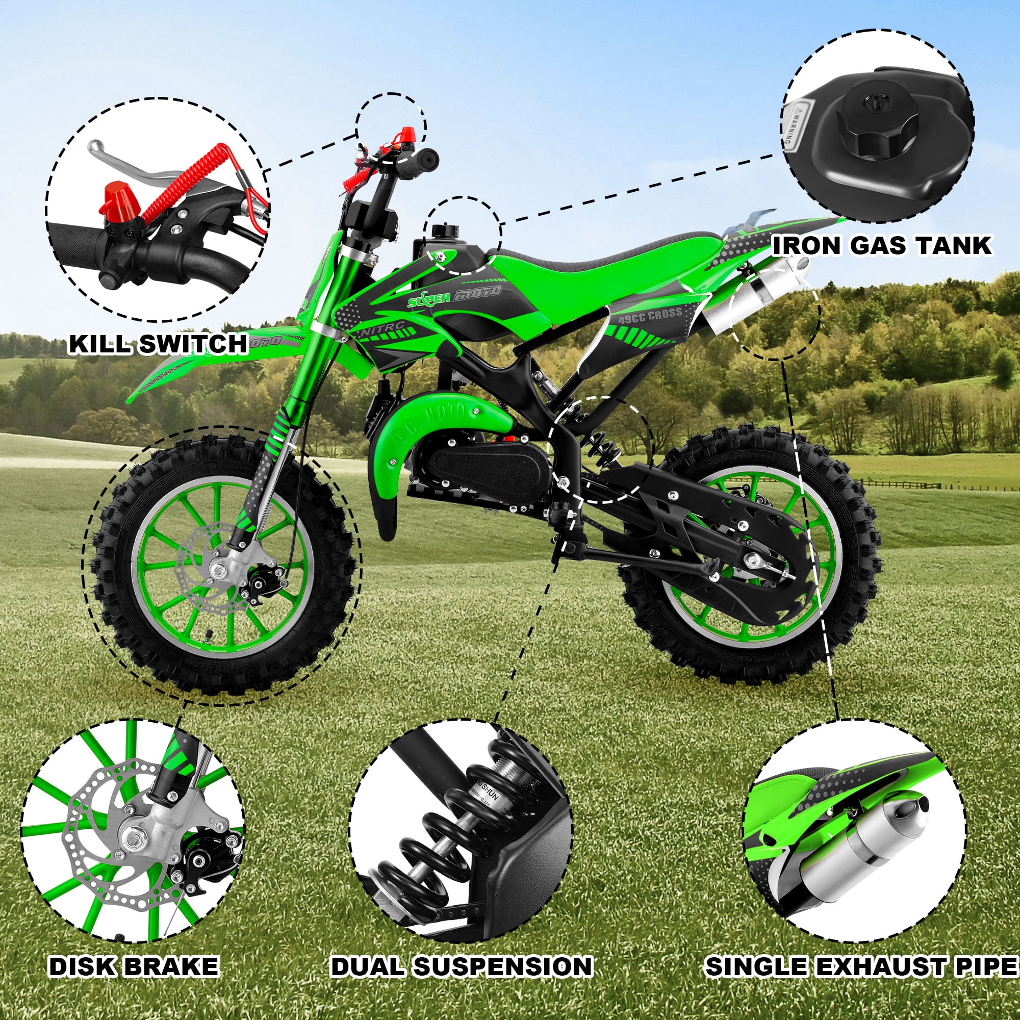 Gpower Gasoline 49cc Dirt Bike for Kids 13-17,2-Stroke Gas Power Mini Dirt Bike,Green