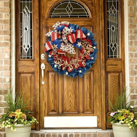 Clearance Under $20 4th of July Wreath Decoration 16" Summer Wreaths Patriotic Burlap Red White Blue American Flag Wreath for Front Door Independence Day Outdoor indoor Housewarming