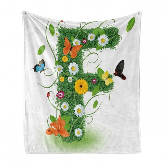 Letter F Soft Flannel Fleece Throw Blanket, Natural Inspirations with Animals and Flowers Butterflies Daisies Pattern, Cozy Plush for Indoor and Outdoor Use, 70" x 90", Green Multicolor, by Ambesonne