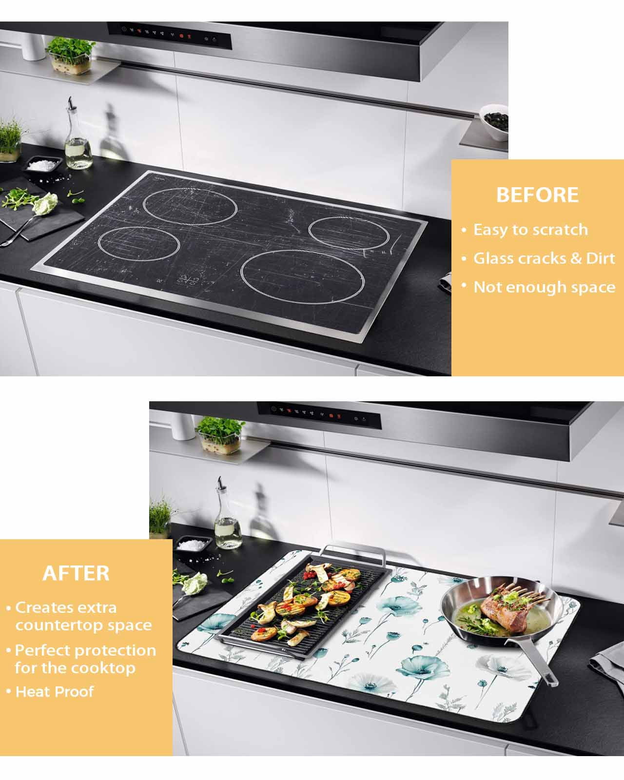 nqOlkjepod Large Induction Cooktop Protector Mat 36"x21", Turquoise Flowers Stove Top Covers for Electric Stove, Farmhouse Spring Botanical Floral Stove Burner Cover Mats, Glass Top Stove Cover