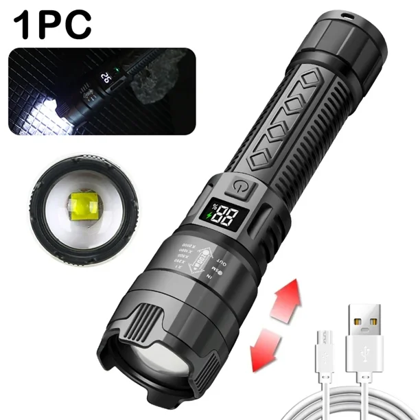 High Strong Power Led Flashlights 2000LM Tactical Torch with Display Light USB Charging Camping Fishing Emergency Zoom Lantern