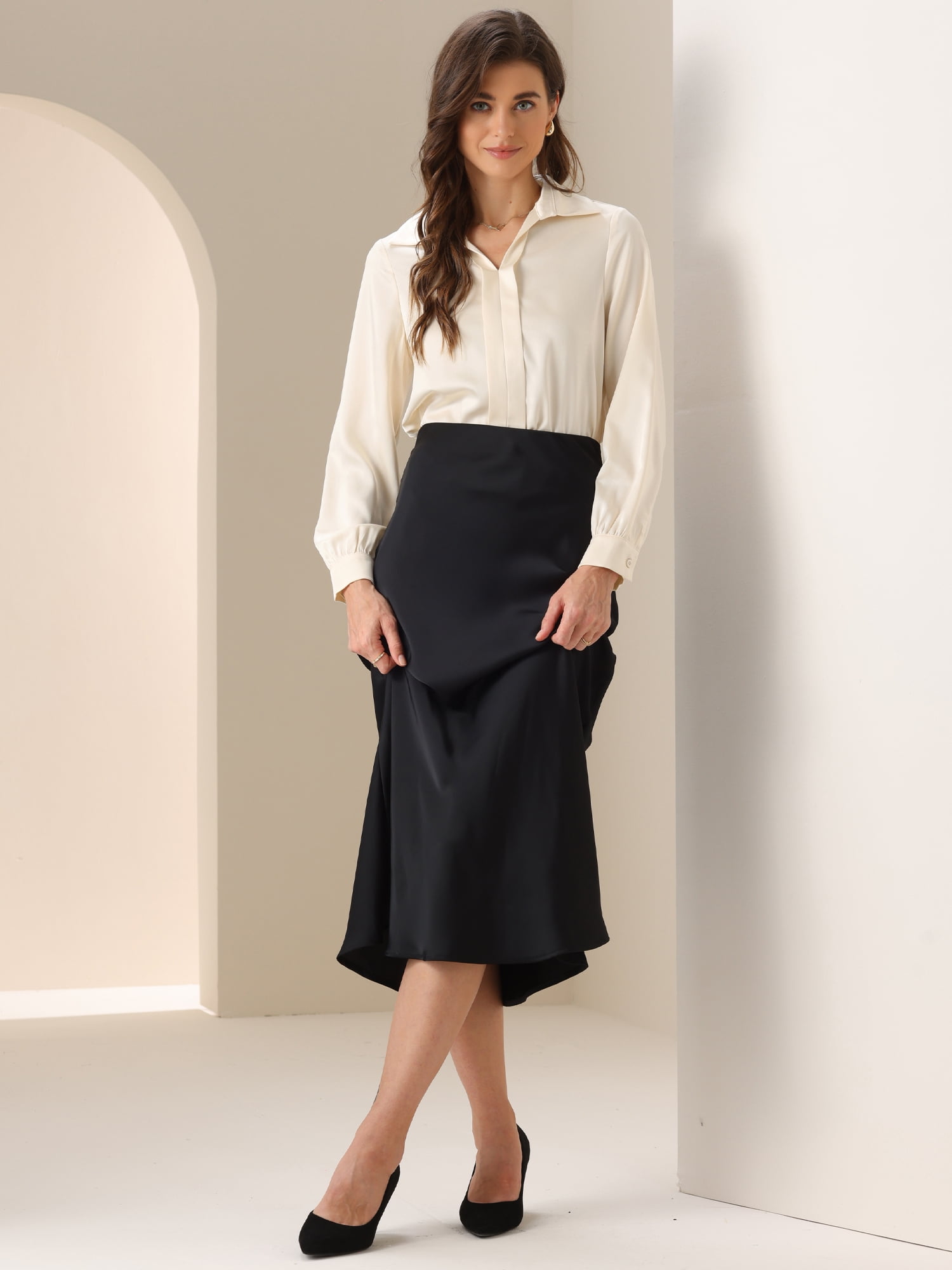 Bodysuit V Neck Long Sleeve Work Shirt L Champagne