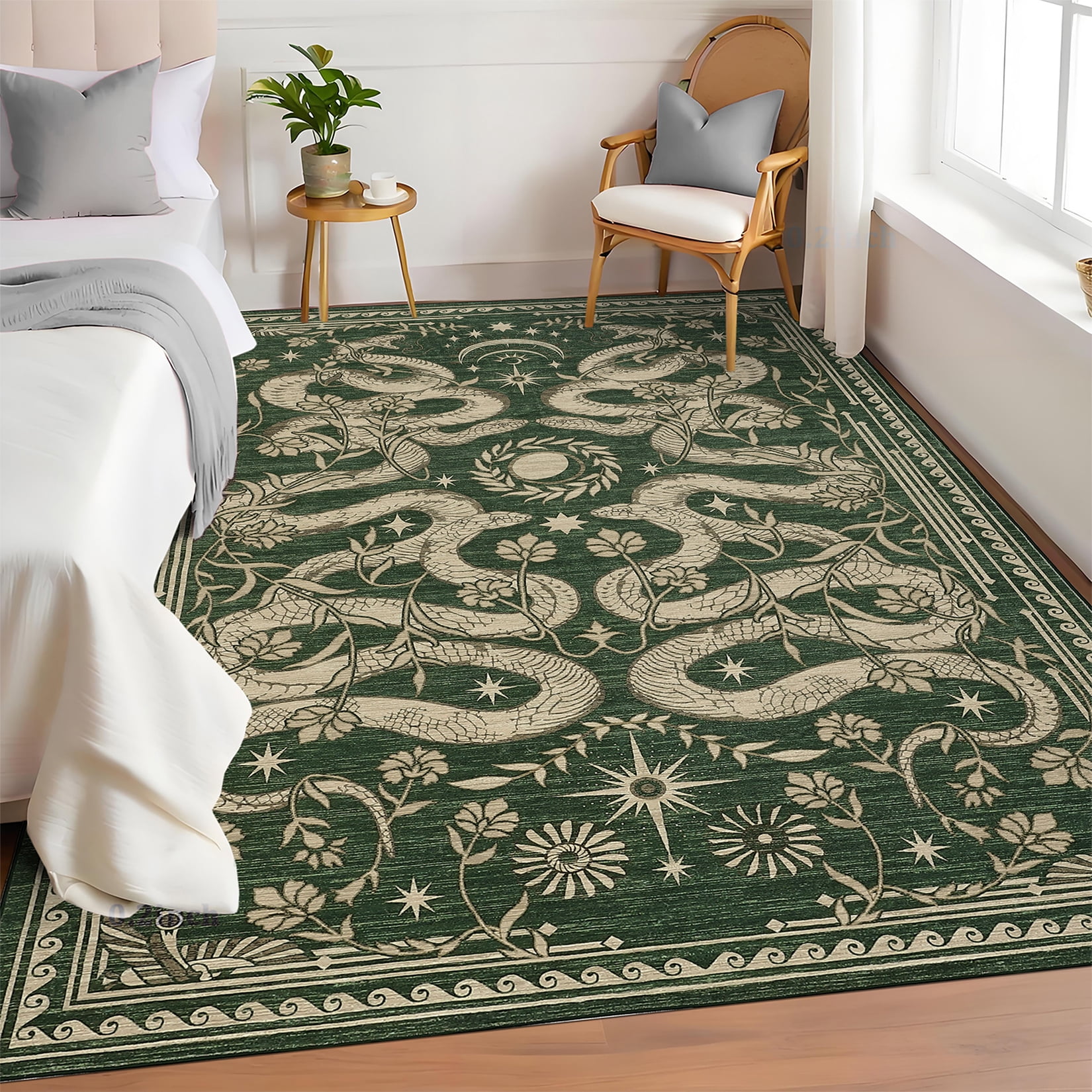 Garvee 5'x7' Modern Snake Printed Area Rug Washable Living Room Rug, Forest Low Pile Stain Resistant Rug Non Slip Carpet for Bedroom Dining Room, Green