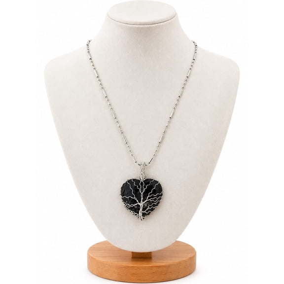 Rifai Crystal Black Obsidian Heart Shape Pendent for Women, Natural Stone Heart Necklace, Silver Tone Chain, Wire Wrapped Crystal Pendant, Gemstone Spiritual Fashion Jewelry