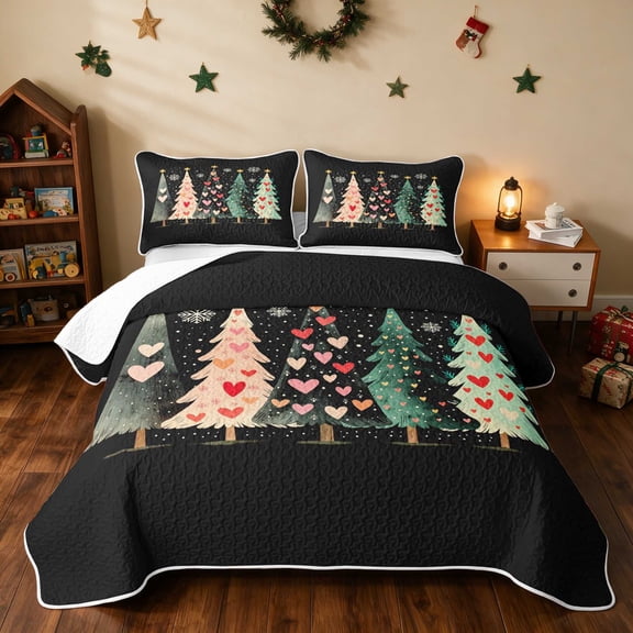Manfei Christmas Tree Twin Quilt Set Holiday Twin Coverlet Set, Cream Green 2 Pieces 1 Bedspread and 1 Pillowcase