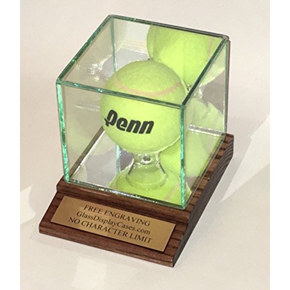 Tennis Ball Personalized Glass Display Case Solid Oak Wood Mirror Base