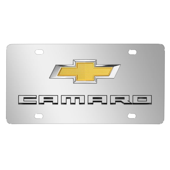 Chevrolet Camaro Gold Bowtie 3D Dual Logo Mirror Chrome Stainless Steel License Plate