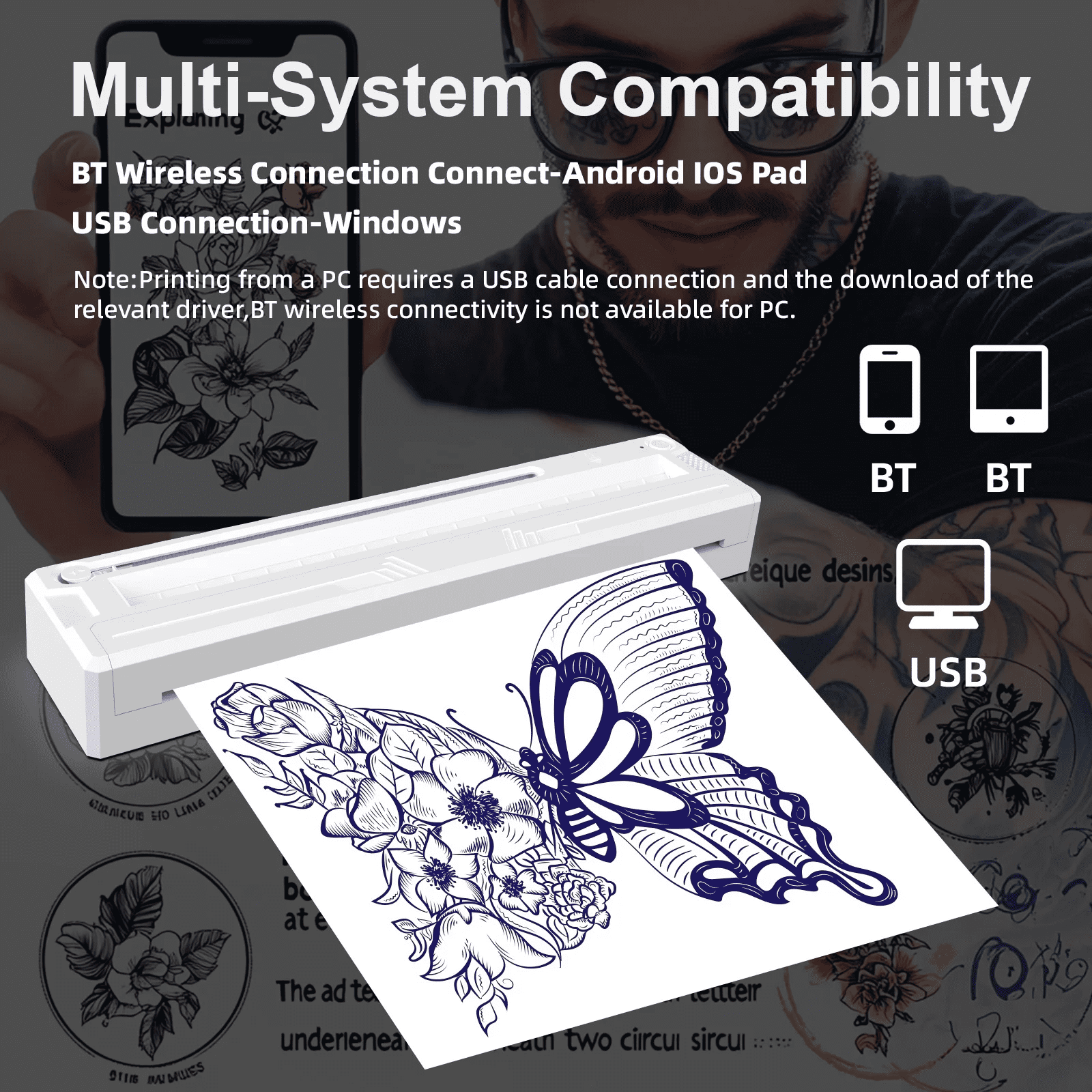 Wireless Tattoo Stencil Printer & A4 Thermal Printer with App Custom, Print Realistic Portraits, 6 Transfer Papers Included and Six Sheets of Thermal Paper